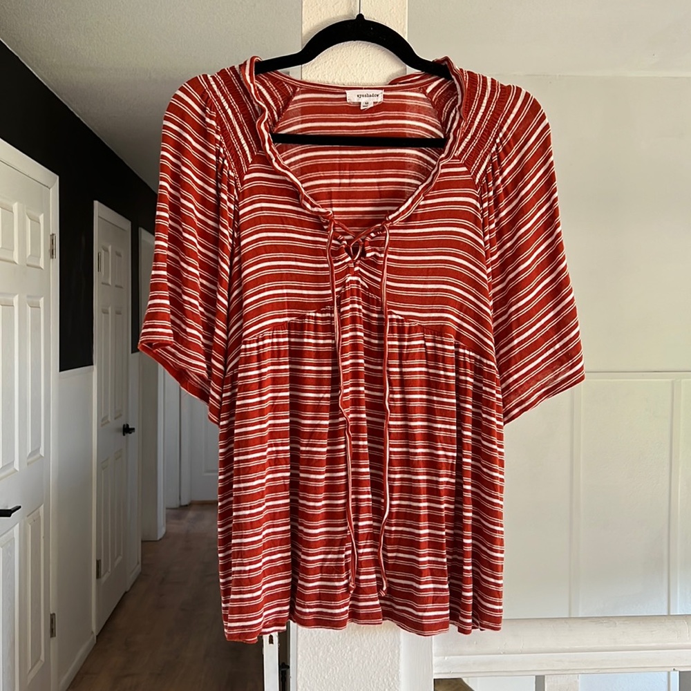 Eyeshadow red and white striped peplum blouse with lace front tunic neckline M